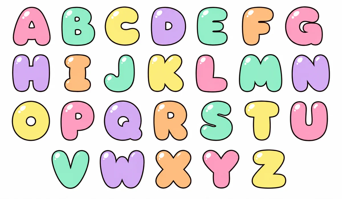 Abecedario de letras burbuja en mayúsculas, de la A a la Z, en colores pastel