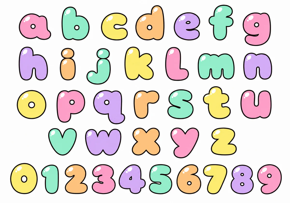 Abecedario de letras burbuja en minúsculas de la a a la z y números del 0 al 9
