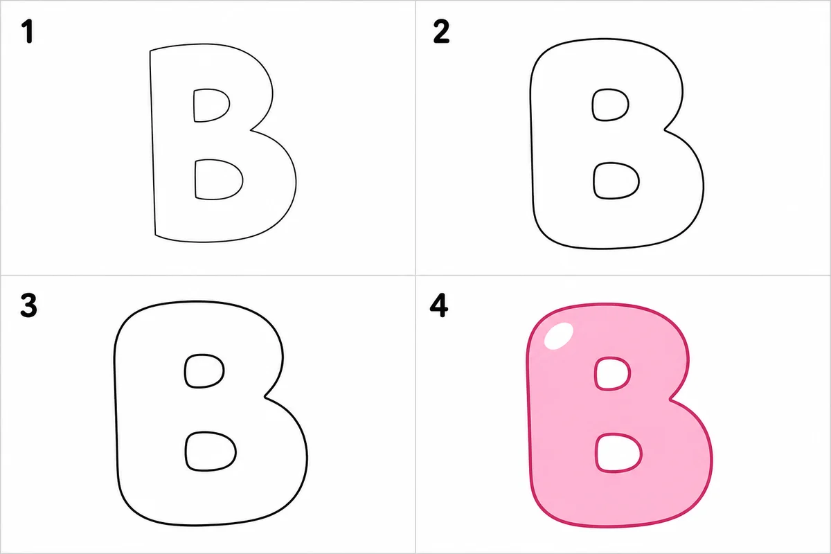 Cuatro pasos para dibujar una letra burbuja: contorno, esquinas redondeadas, engrosado y relleno con brillo